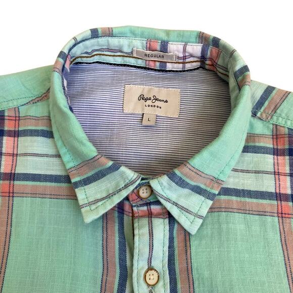Pepe Jeans Mens Ruskin Twill Plaid Casual Button Down Shirt Slim Fit Mint Green - Picture 5 of 16